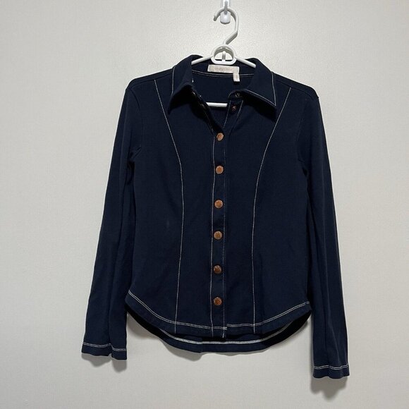 See by Chloe Navy Blue Snap Button Down Pointed Collar Western Cowboy Blouse - Picture 1 of 7